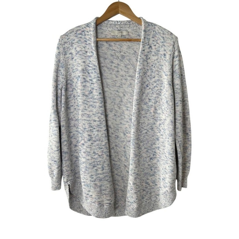 Loft Womens XL Blue White Marled Open Front Cardigan Sweater Curved Hem